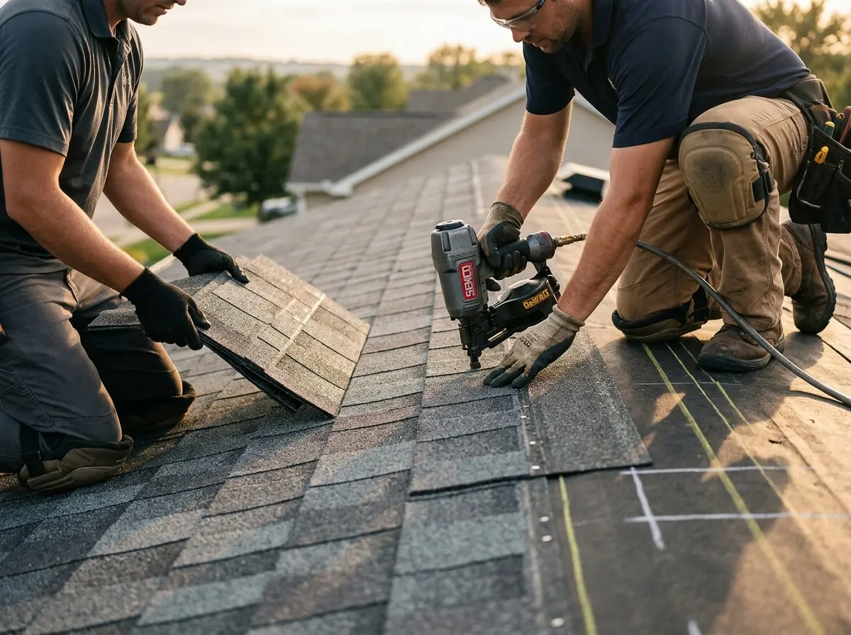 Professional roofer working on a residential roof in Yeadon